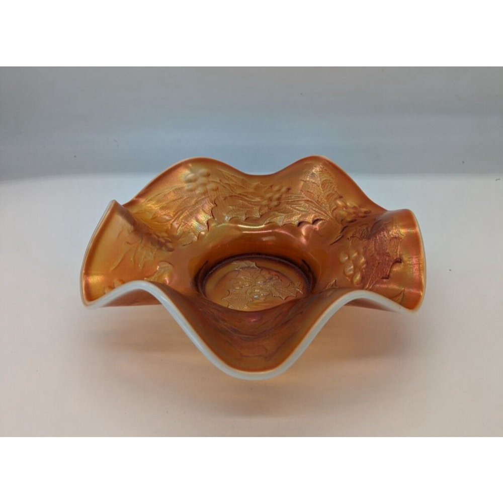 DUGAN PEACH OPALESCENT HOLLY BERRY RUFFLE CARNIVAL GLASS BOWL